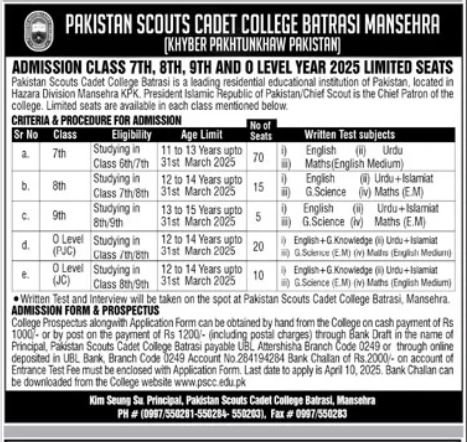 Admissio Open in Pakistan Scouts Cadet College Batesi Manshe – Pakistan Scouts Cadet College Batrasi Mansehra Admissions 2025 — original advertisement