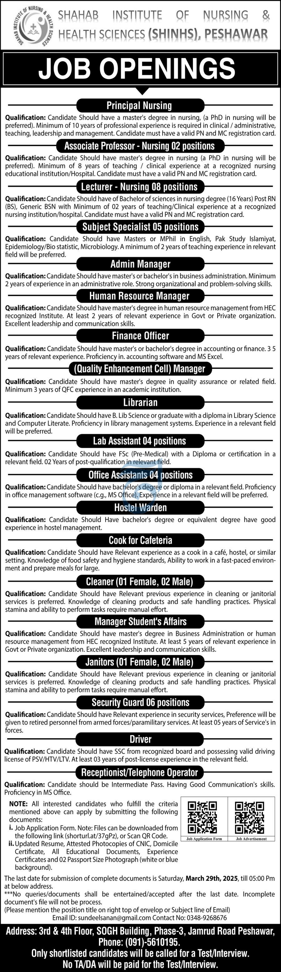 Shahab Institute of Nursing Health Sciences Peshawar Jobs – Health Department KPK Jobs 2025 — original advertisement