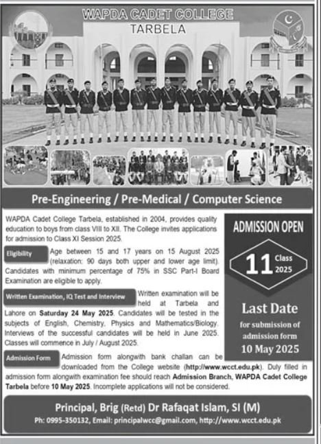 Admission Open in Wapda Cadet College Tarbela 2025 Admissions 2025 — original advertisement