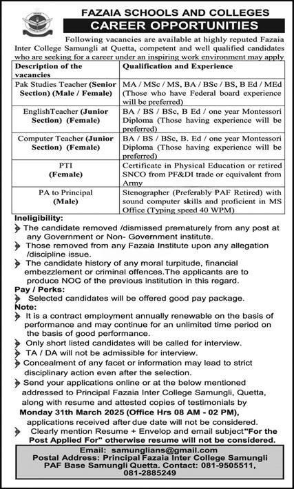 Fazaia Inter College Quetta Jobs 2025 – Fazaia Schools & Colleges Jobs 2025 — original advertisement