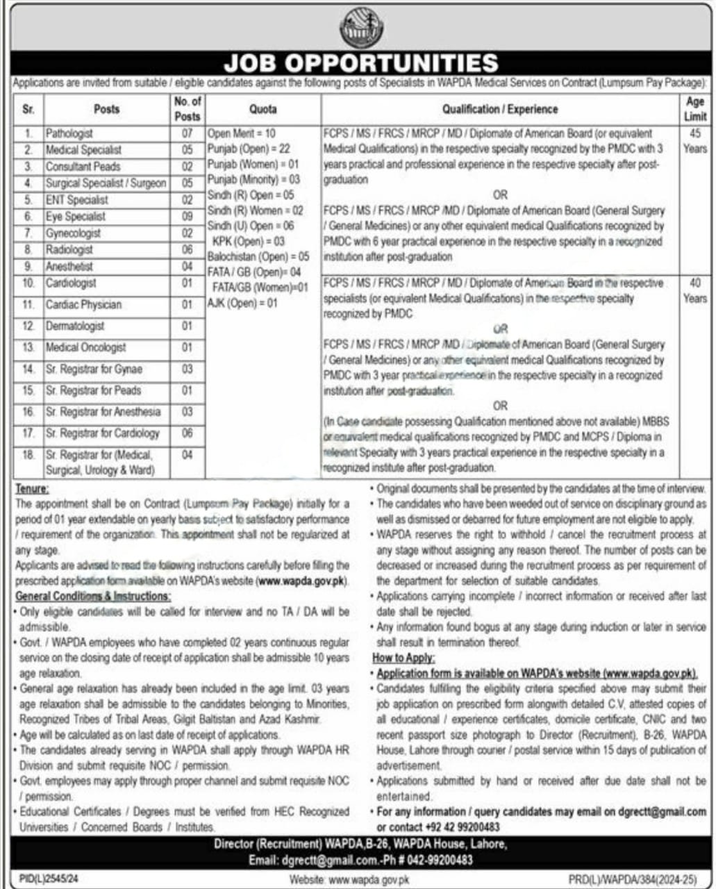 WAPDA Medical Services Balochistan Quota Jobs 2025 – Water and Power Development Authority Jobs 2025 — original advertisement