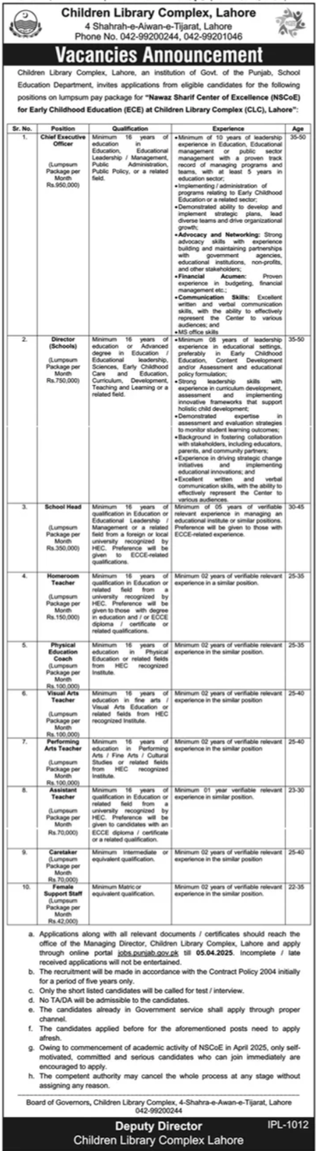 Children Library Complex CLC Lahore Jobs 2025 – Public Sector Organization Jobs 2025 — original advertisement
