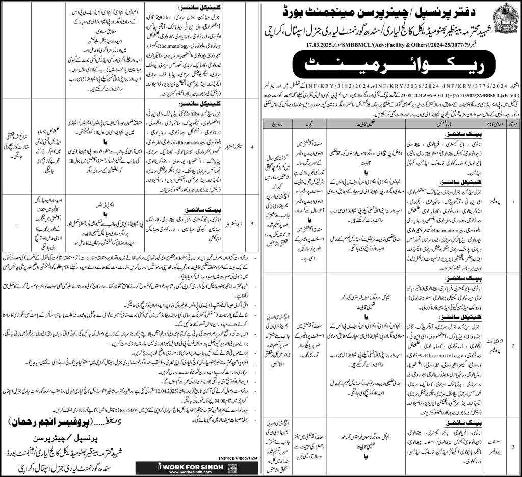 Shaheed Mohtarma Benazir Bhutto Medical University Jobs 2025 – Shaheed Mohtarma Benazir Bhutto Medical University Larkana Jobs 2025 — original advertisement