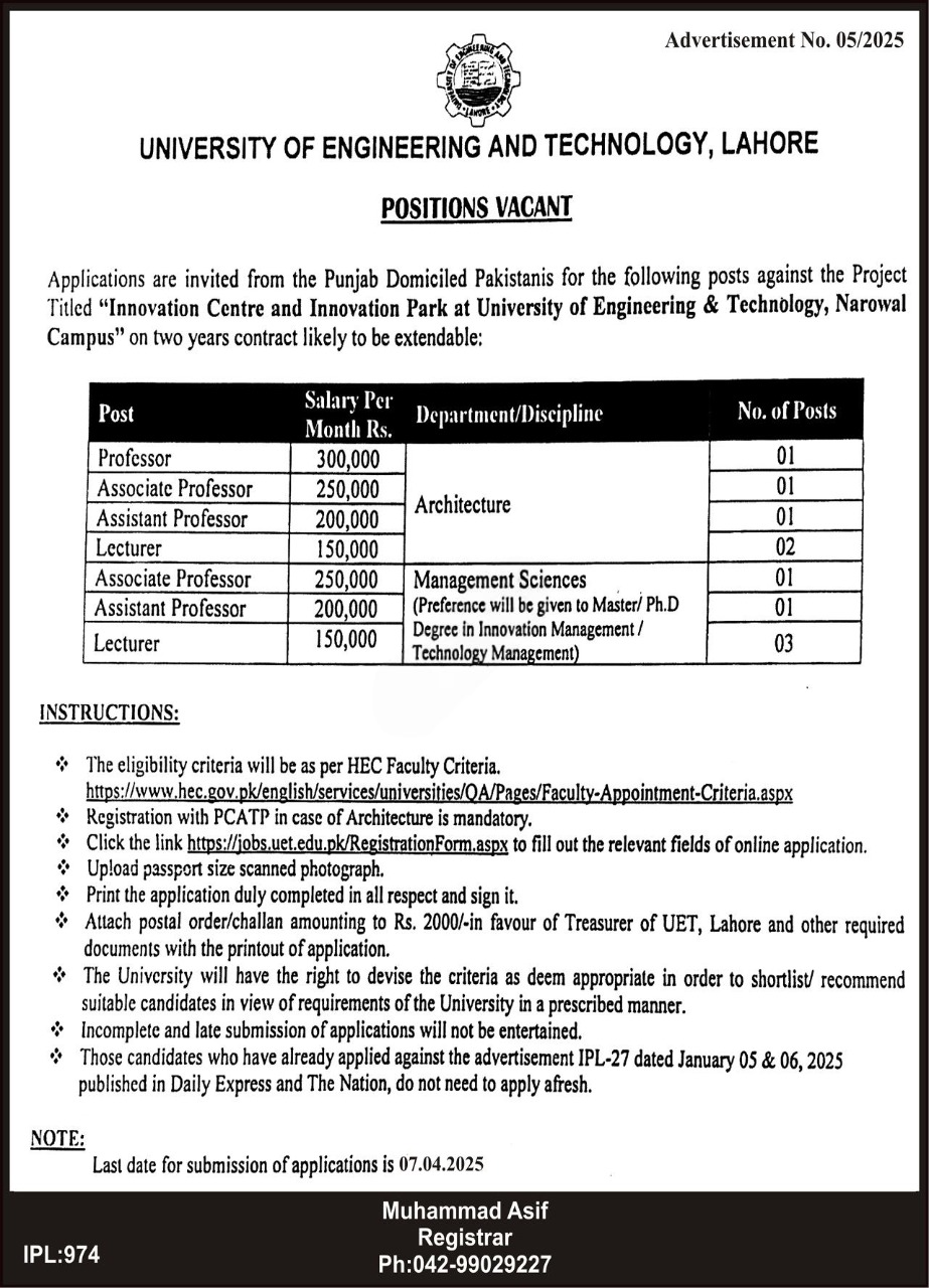 University Of Engineering And Technology UET Lahore Jobs – University of Engineering  & Technology Lahore Jobs 2025 — original advertisement