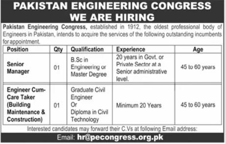 Pakistan Engineering Congress PEC Multan Jobs 2025 – Pakistan Engineering Congress Lahore Jobs 2025 — original advertisement