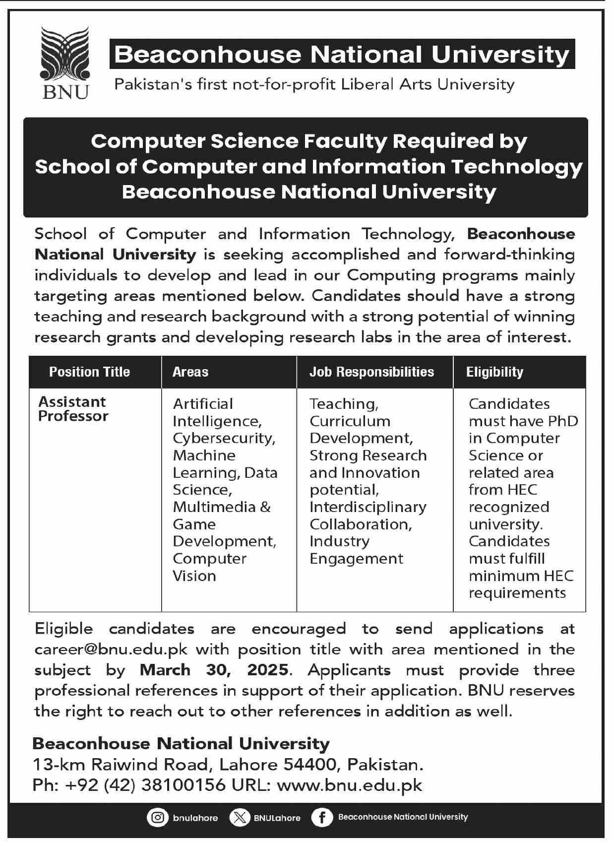 Beaconhouse National University Lahore Jobs 2025 Jobs 2025 — original advertisement