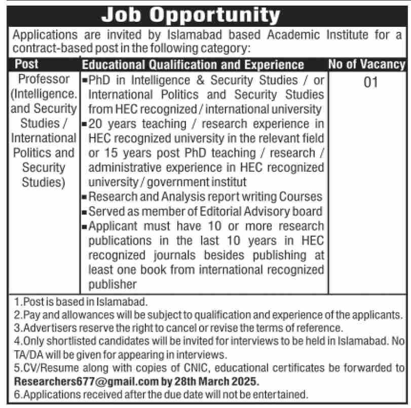 Islamabad Based Academic Institute Jobs 2025 – Public Sector Organization Jobs 2025 — original advertisement