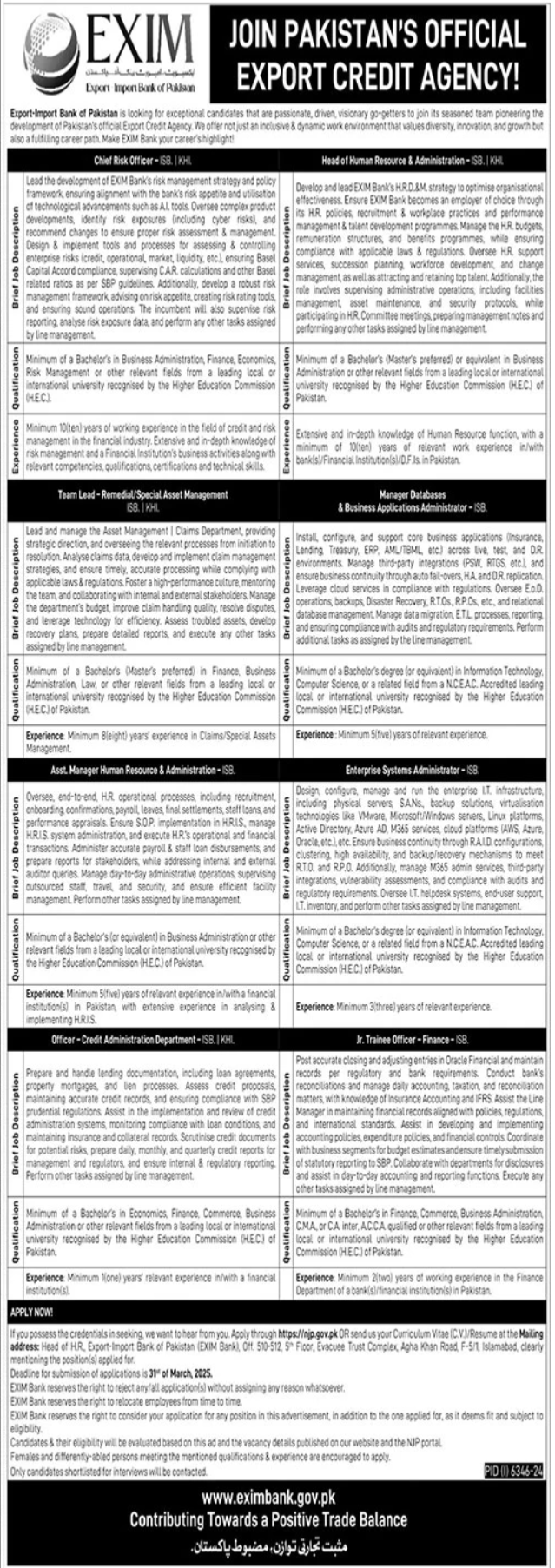 Exim Import Bank Of Pakistan Lahore Jobs 2025 – EXIM Bank of Pakistan Jobs 2025 — original advertisement