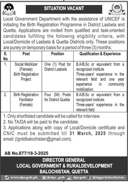 Local Govt and Rural Development Balochistan Jobs 2025 – Local Government and Rural Development Department Balochistan Jobs 2025 — original advertisement