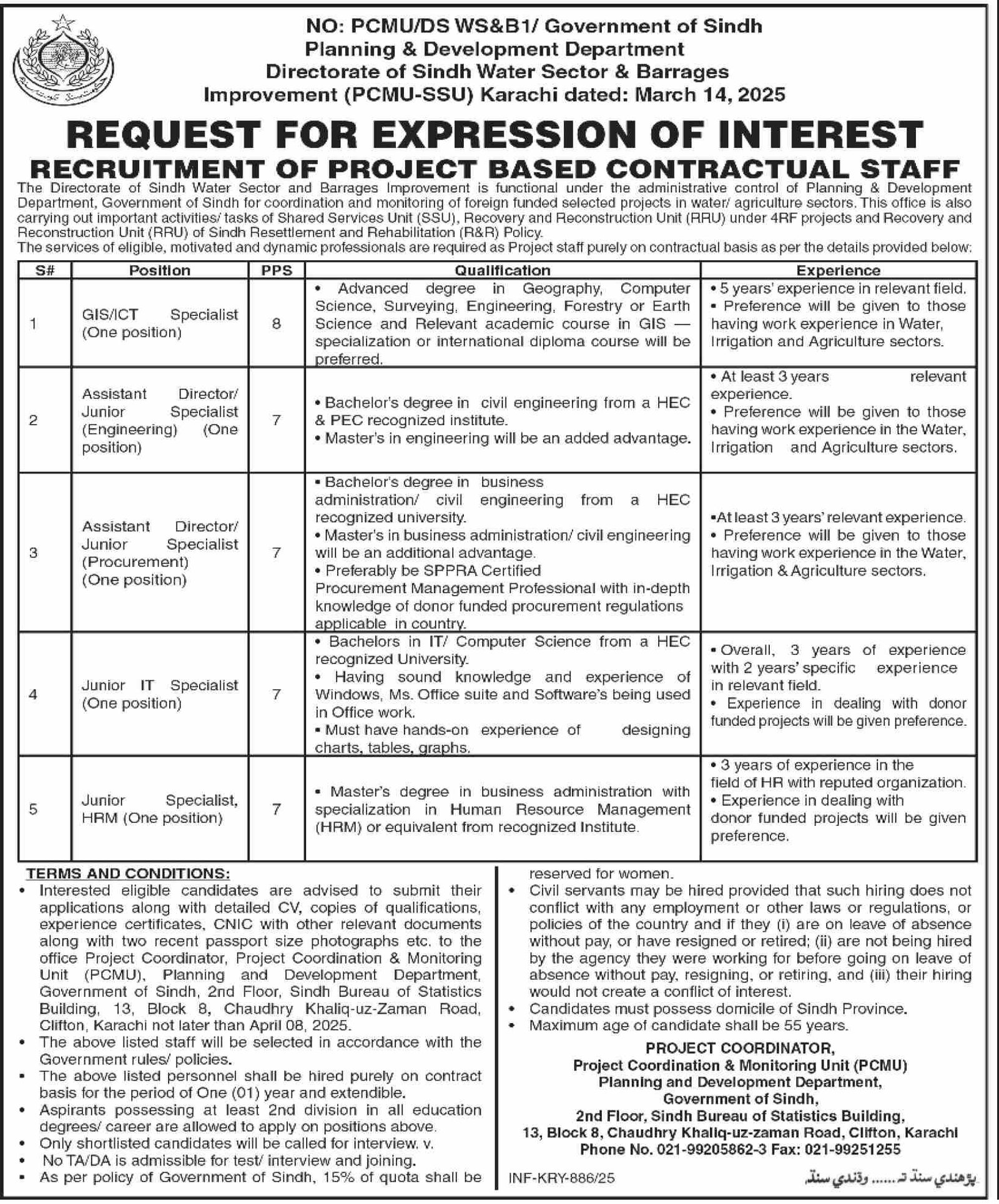 Directorate Of Sindh Water Sector & Barrages Jobs 2025 – Planning & Development Department Sindh Jobs 2025 — original advertisement