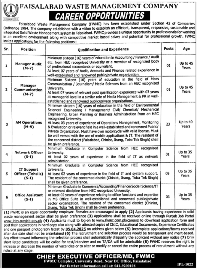 Faisalabad Waste Management Company FWMC Jobs 2025 Jobs 2025 — original advertisement