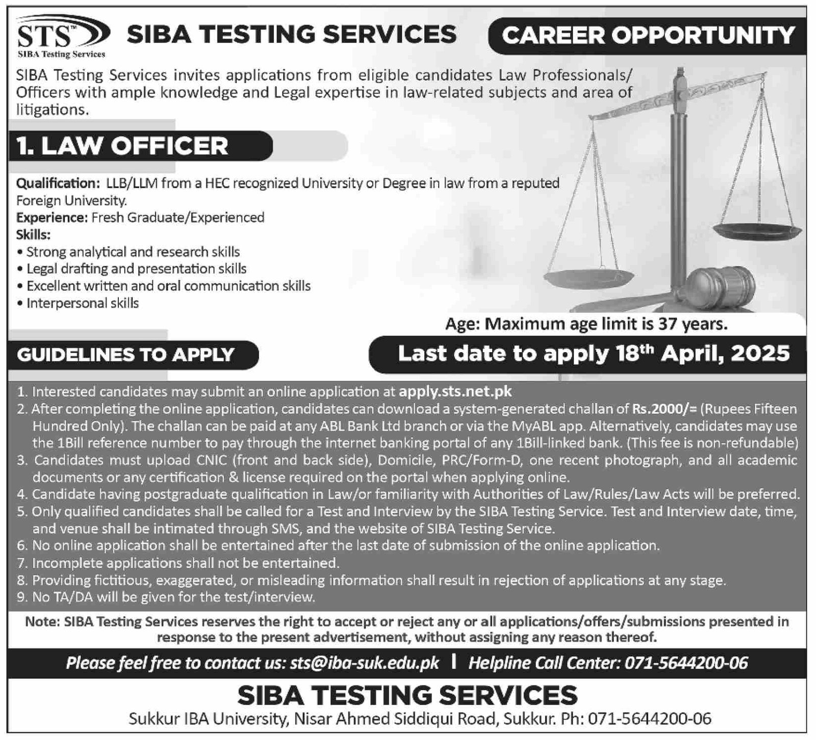 Siba Testing Services Sukkur Sindh Jobs 2025 – STS - Sukkur IBA Testing Service Jobs 2025 — original advertisement