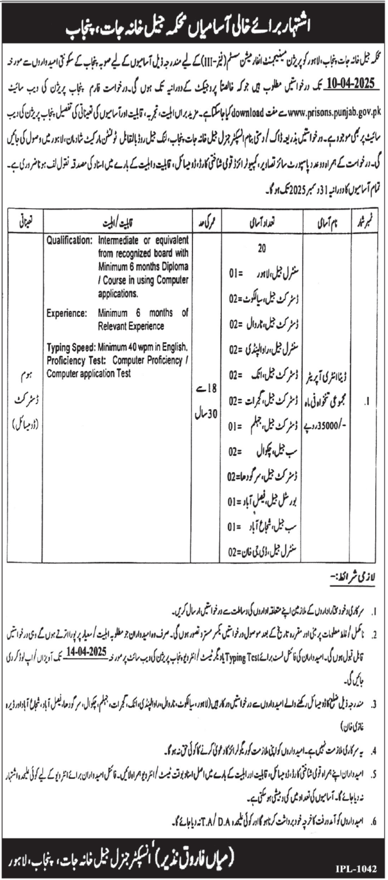Prison Department Lahore Job 2025 – Prisons Department Punjab Jobs 2025 — original advertisement
