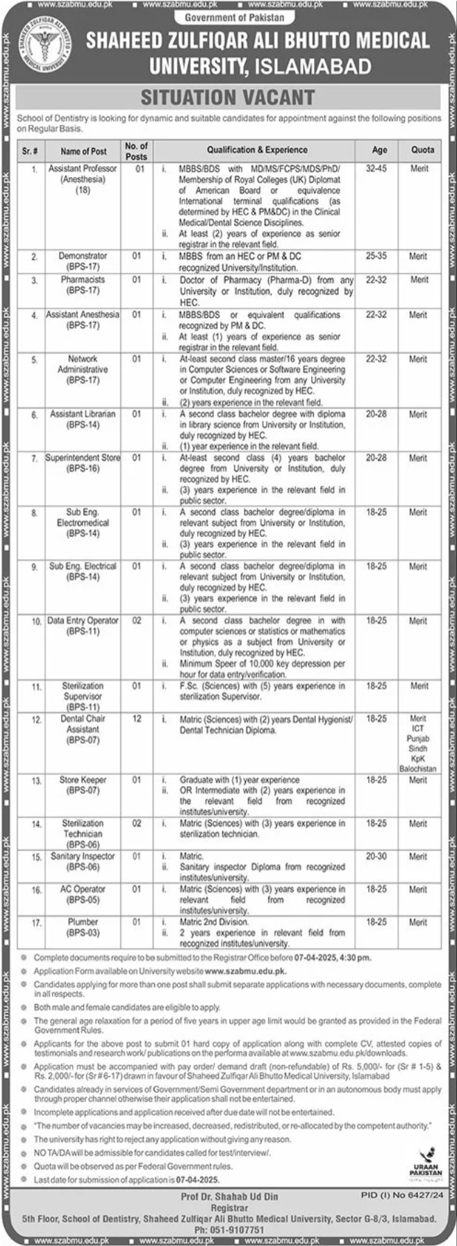 SZABMU Shaheed Zulfiqar Ali Bhutto Medical University Jobs – Shaheed Zulfiqar Ali Bhutto Medical University Islamabad Jobs 2025 — original advertisement