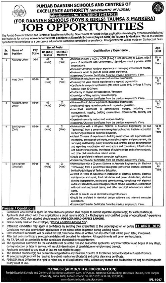 Daanish Schools Boys & Girls PDS & CEA Jobs 2025 – Punjab Daanish School Jobs 2025 — original advertisement