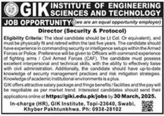 GIK Institute Of Engineering Sciences & Technology Swabi Job – Ghulam Ishaq Khan GIK Institute of Engineering Sciences and Technology Swabi Jobs 2025 — original advertisement