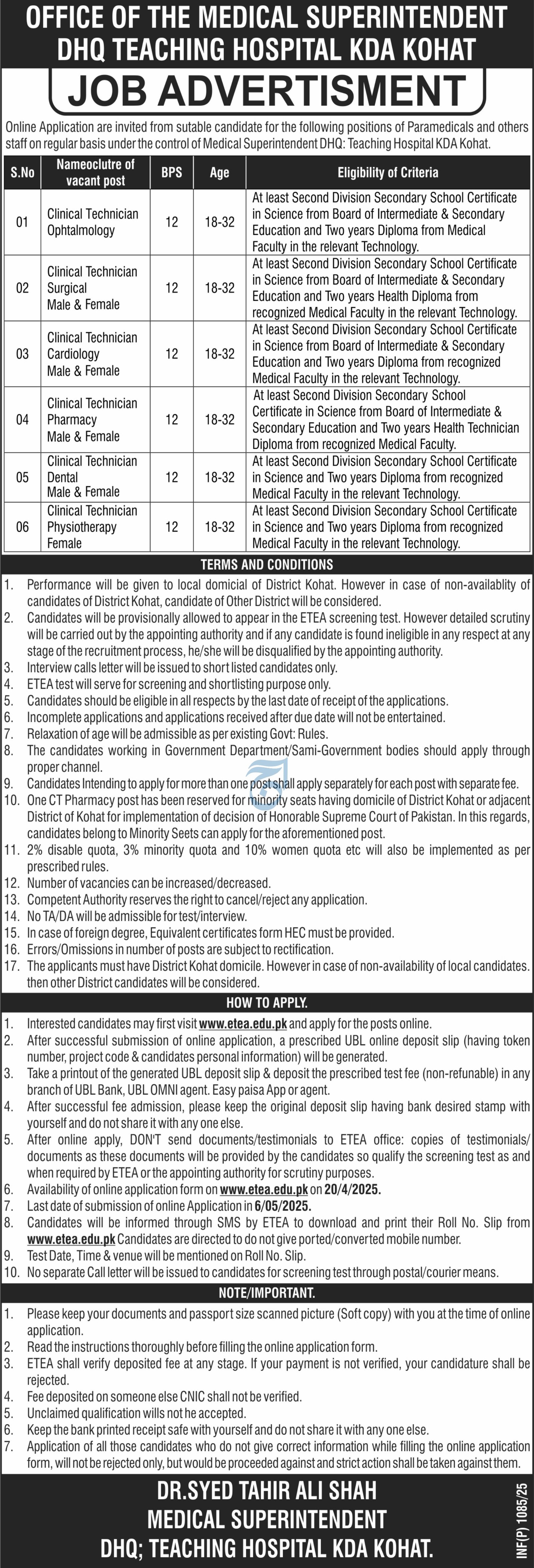 Dhq Teaching Hospital kda Kohat Jobs 2025 – DHQ Teaching Hospital MTI Dera Ismail Khan Jobs 2025 — original advertisement