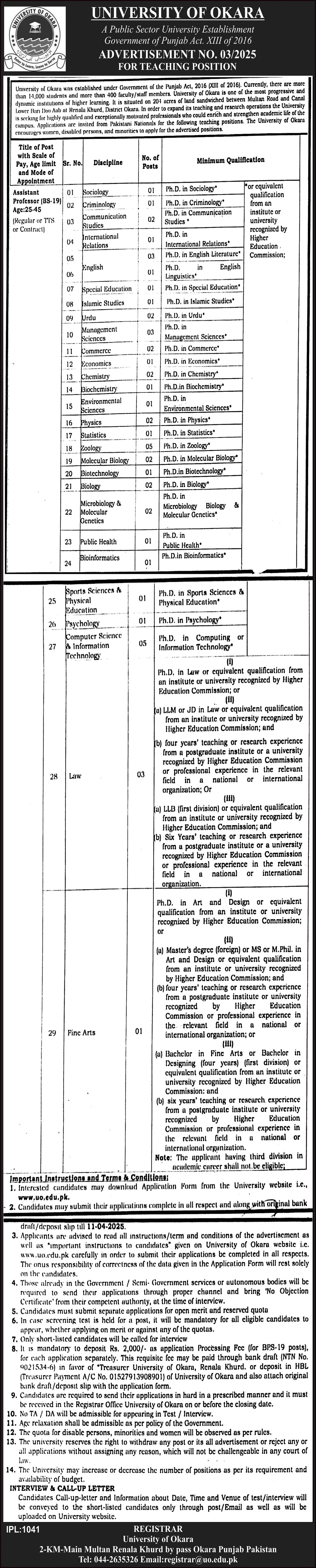 University Of Okara Punjab Jobs 2025 Jobs 2025 — original advertisement