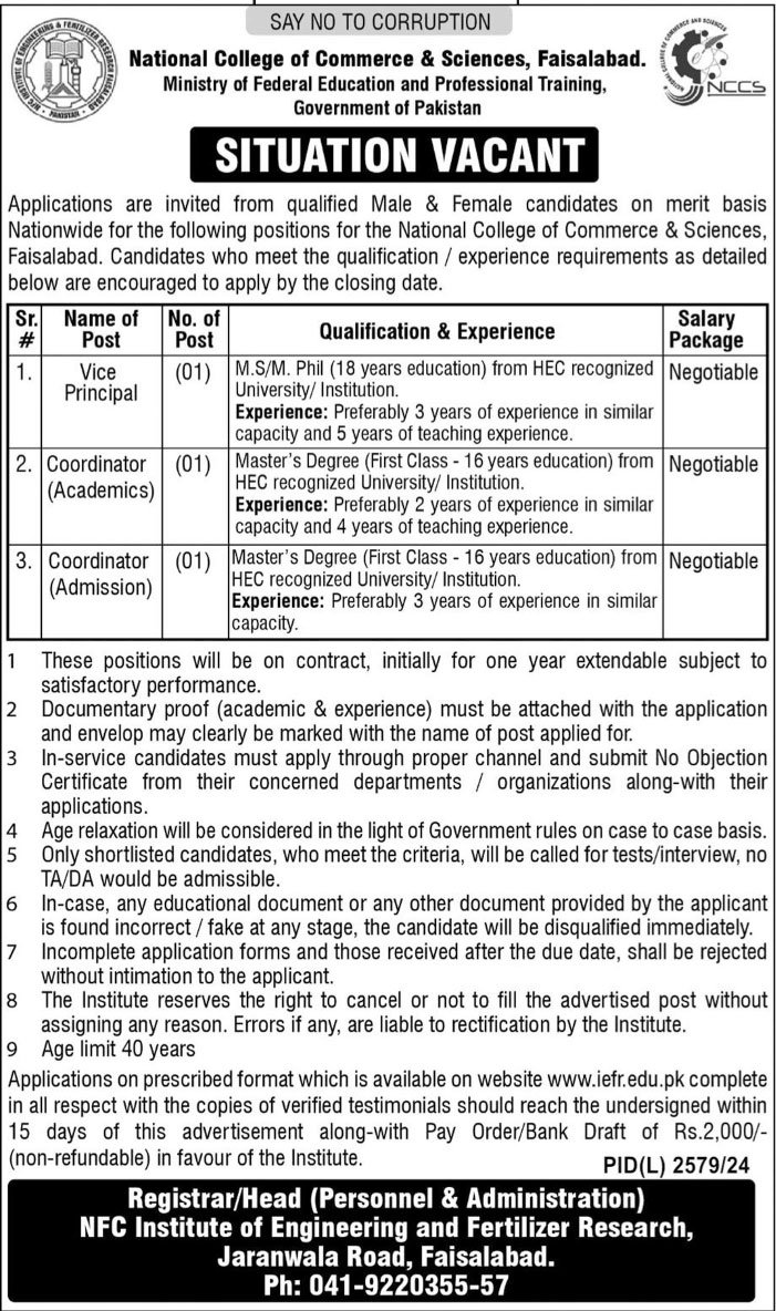 NFC IEFR Institute Of Engineering & Fertilizer Jobs 2025 – NFC Institute of Engineering & Technology Multan Admissions 2025 — original advertisement