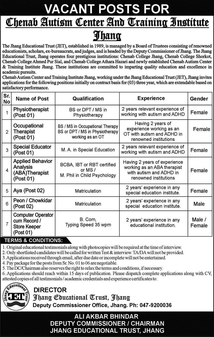 Chenab Autism Center & Training Institute Jobs 2025 – Jhang Educational Trust Jhang Jobs 2025 — original advertisement