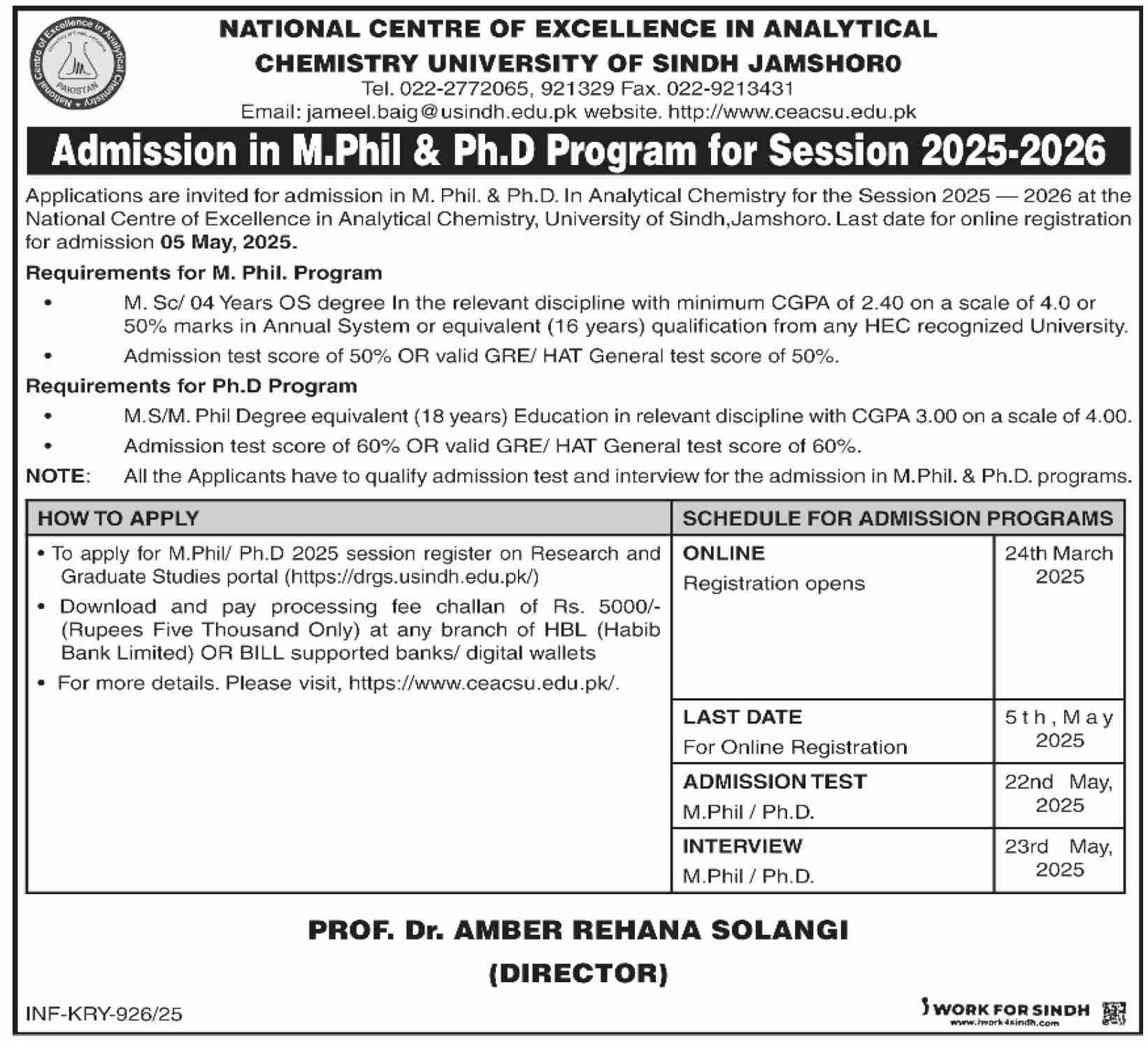 Admission Open in University of Sindh Jamshoro 2025 Admissions 2025 — original advertisement