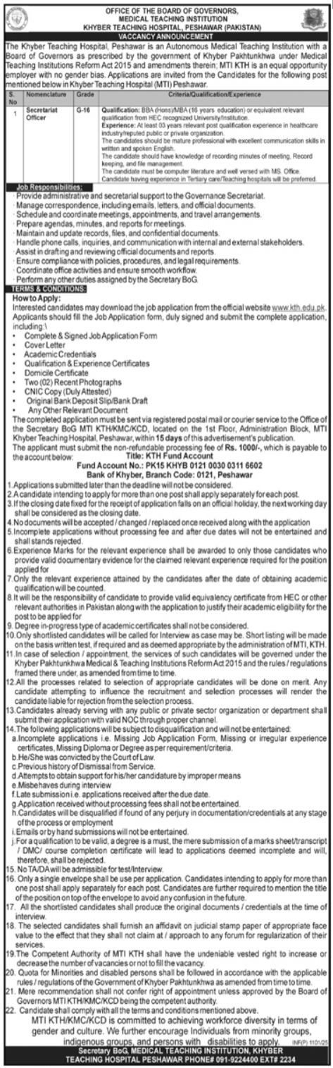 Khyber Teaching Hospital Peshawar Jobs 2025 – Medical Teaching Institute MTI Khyber Teaching Hospital Peshawar Kpk Jobs 2025 — original advertisement