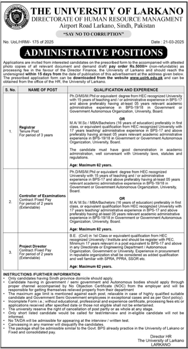 The University Of Larkano Sindh Jobs 2025 Jobs 2025 — original advertisement