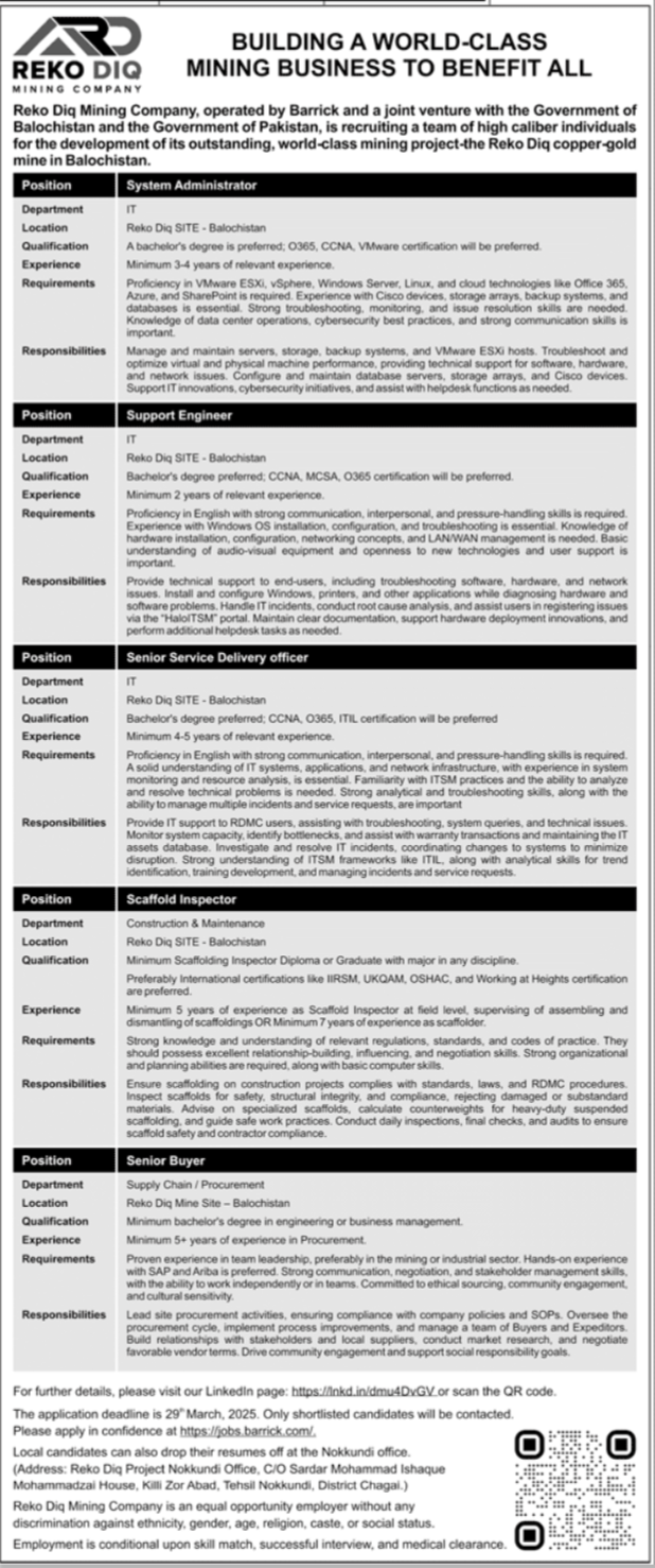 Reko Diq Mining Company RDMC Chaghi Jobs 2025 – Private Company Jobs 2025 — original advertisement