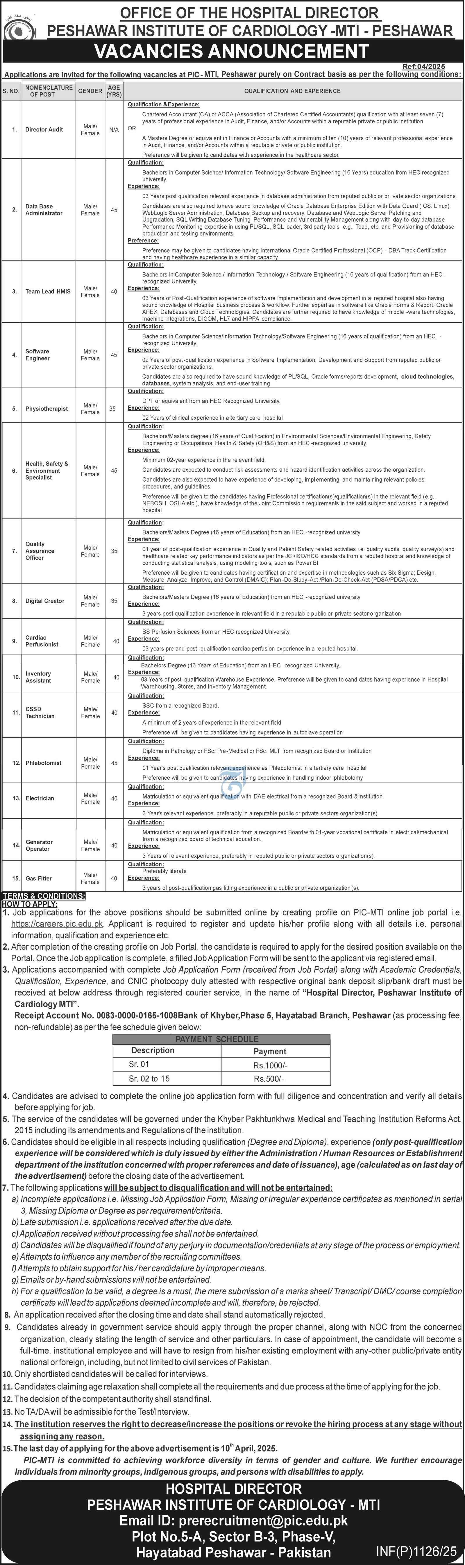 Peshawar Institute of Cardiology Mti Peshawar Jobs 2025 Jobs 2025 — original advertisement