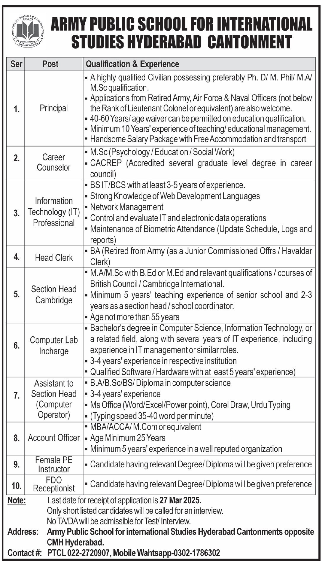 Army Public School For International Studies Jobs 2025 – Army Public School & College Paksitan Jobs 2025 — original advertisement