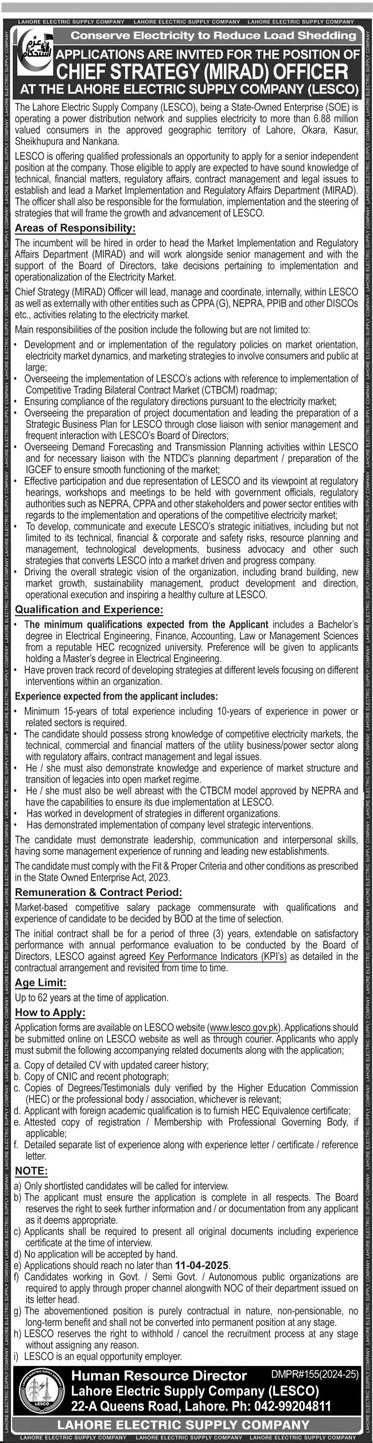 Lahore Electric Supply Company Jobs 2025 – Lahore Electric Supply Company LESCO Lahore Jobs 2025 — original advertisement