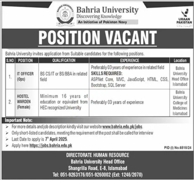 Bahria University Islamabad Jobs 2025 Jobs 2025 — original advertisement