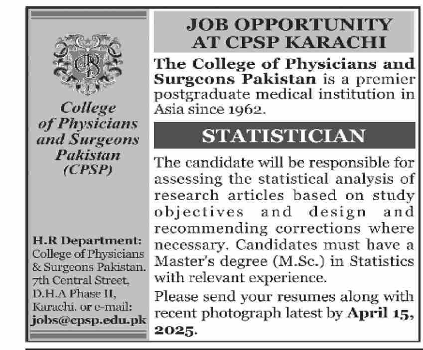 College Of Physical Surgeons Jobs 2025 – College of Physicians and Surgeons Pakistan Jobs 2025 — original advertisement
