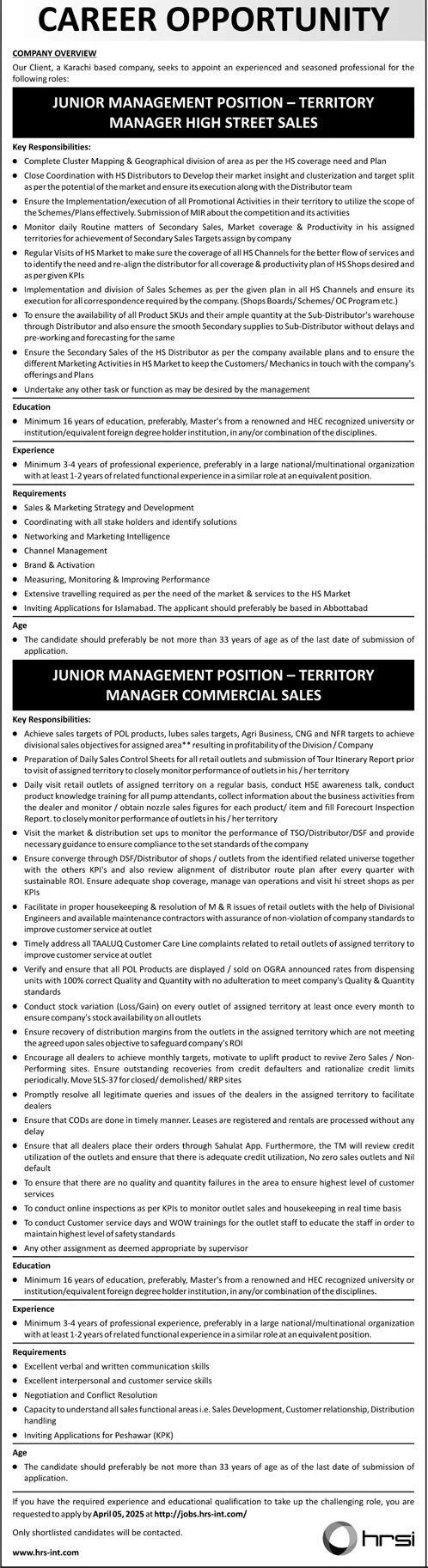 Human Resource Solution International HRSI Jobs 2025 – HRSG People and Business karachi Jobs 2025 — original advertisement