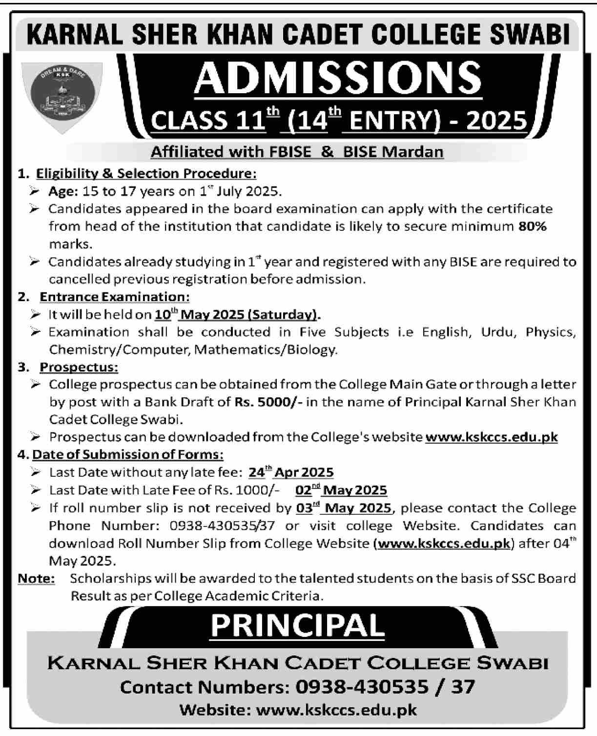 Admission Open in Karnal Sher Khan Cadet College Swabi 2025 Admissions 2025 — original advertisement