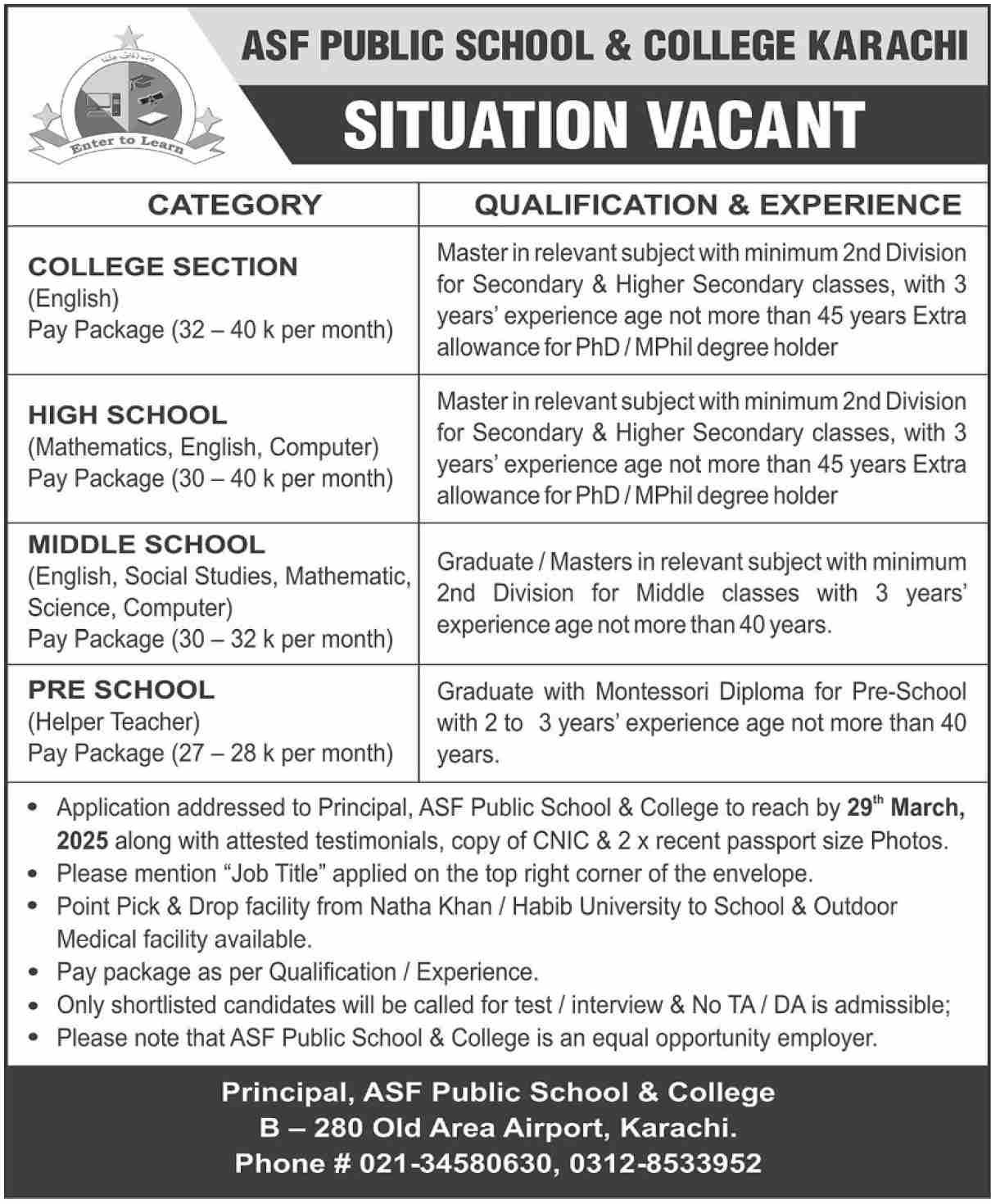 ASF Public School & College Karachi Jobs 2025 – Army Public School & College Paksitan Jobs 2025 — original advertisement