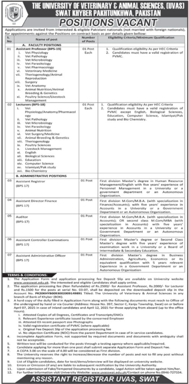 University Of Veterinary & Animal Sciences UVAS Swat Jobs – University of Veterinary and Animal Sciences Lahore Jobs 2025 — original advertisement