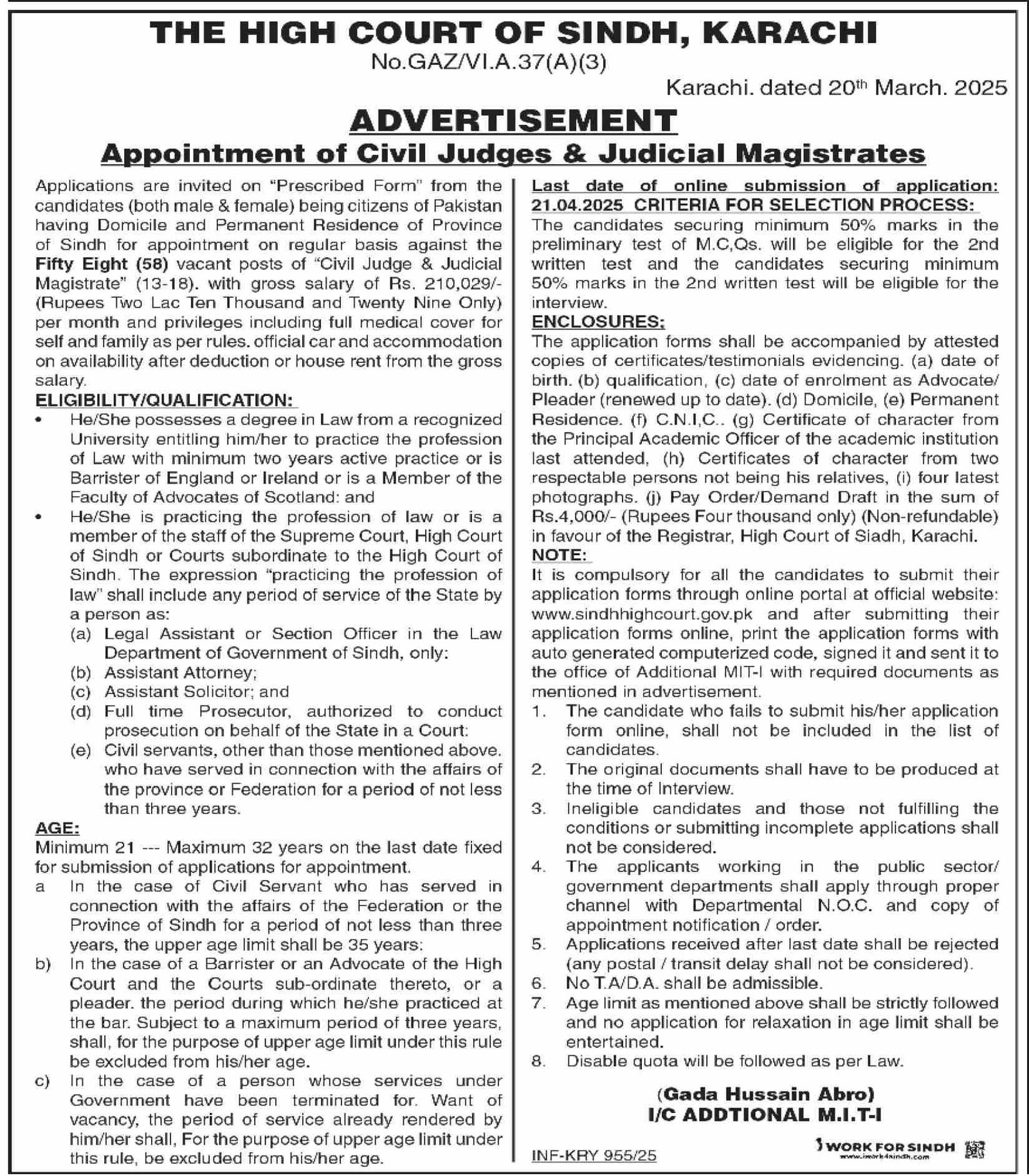Sindh High Court Karachi Job 2025 Jobs 2025 — original advertisement