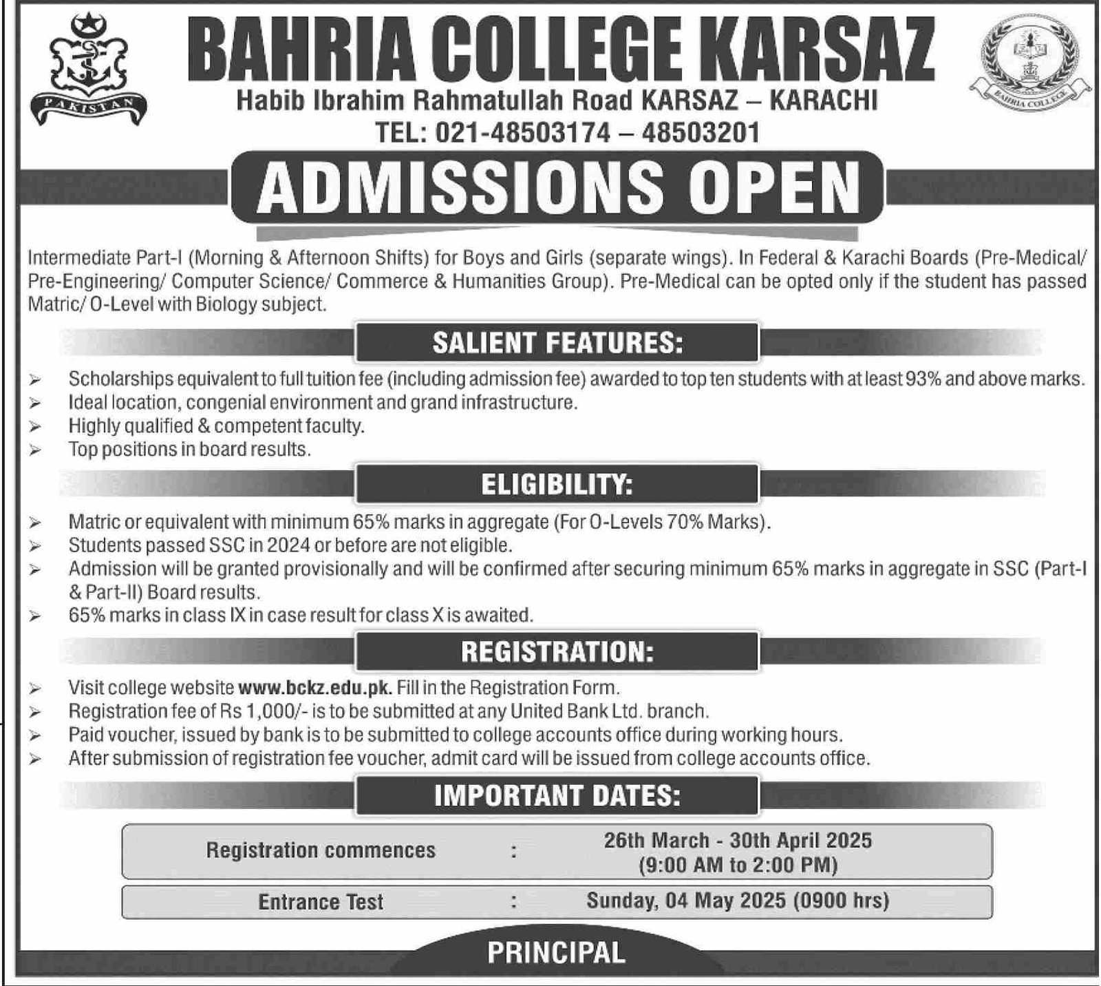 Admission Open in Bahria College Karaz 2025 – Bahria college karsaz Admissions 2025 — original advertisement