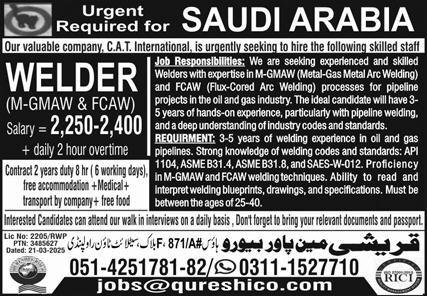 Welder & FCAW Welder Jobs 2025 In Saudi Arabia – Qureshi Manpower Bureau Jobs 2025 — original advertisement