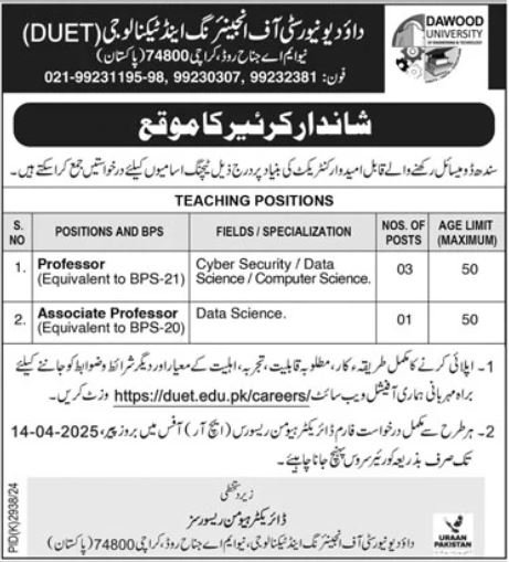 Dawood University Of Engineering & Technology Karachi Jobs – Dawood University of Engineering and Technology Karachi Jobs 2025 — original advertisement