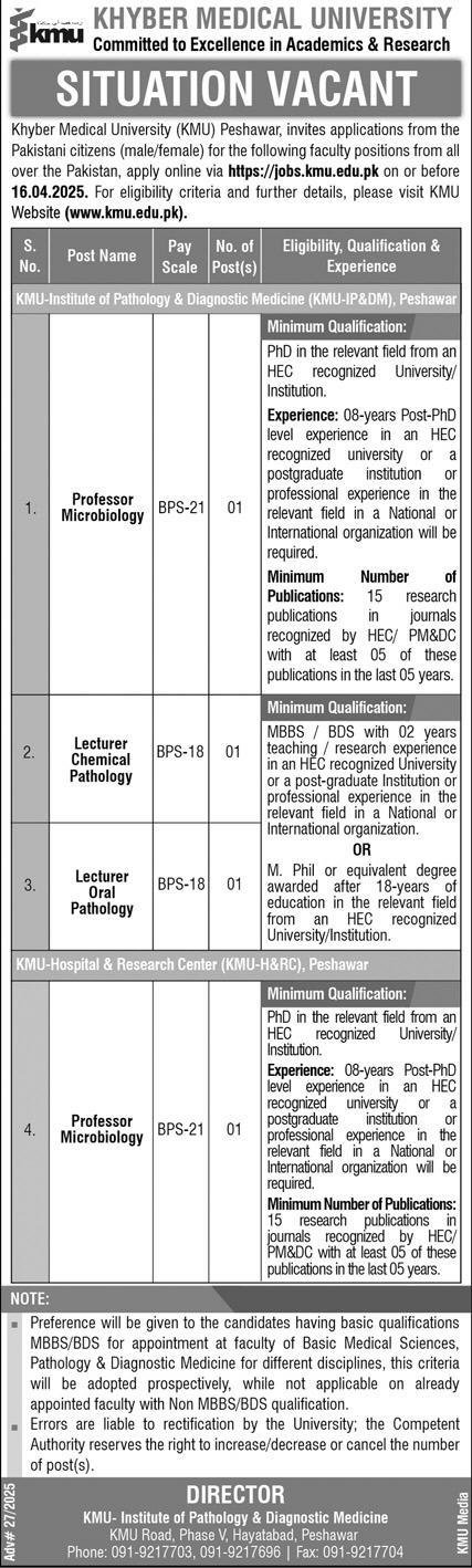 Khyber Medical University KMU Jobs 2025 – Khyber Medical University Peshawar Jobs 2025 — original advertisement