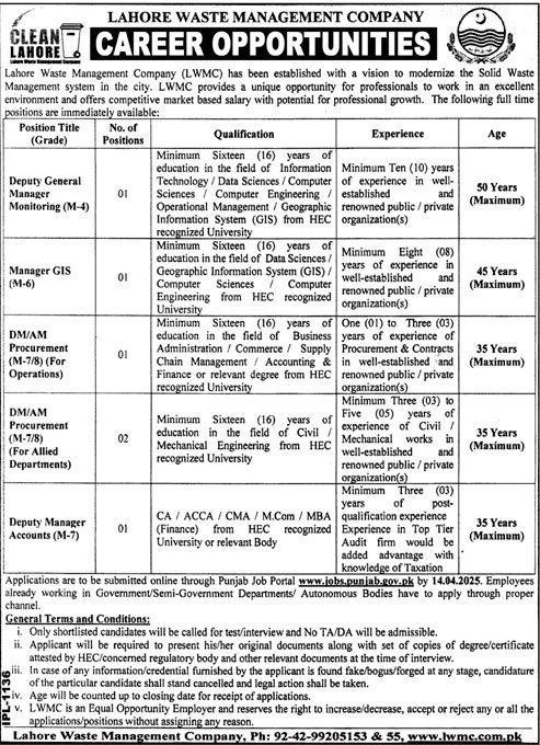 Lahore Waste Management Company Jobs 2025 – Lahore Waste Management Company Lahore Jobs 2025 — original advertisement