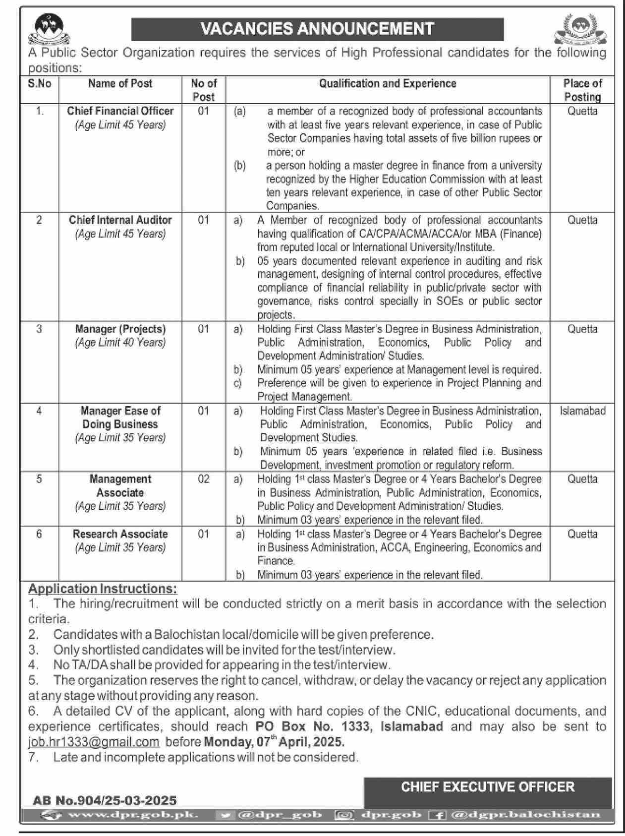 Public Sector Organization Quetta Jobs 2025 Jobs 2025 — original advertisement