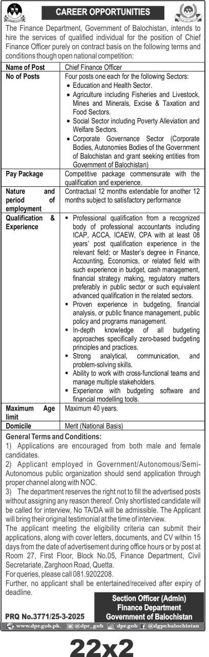 Finance Department Quetta Balochistan Job 2025 – Finance Department Balochistan Jobs 2025 — original advertisement