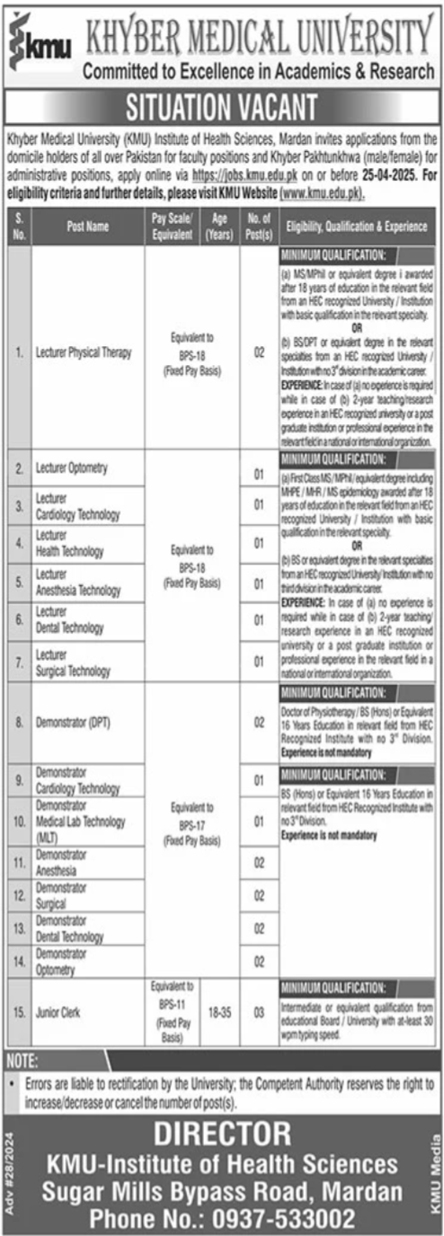 Khyber Medical University KMU Mardan Jobs 2025 – Khyber Medical University Peshawar Jobs 2025 — original advertisement