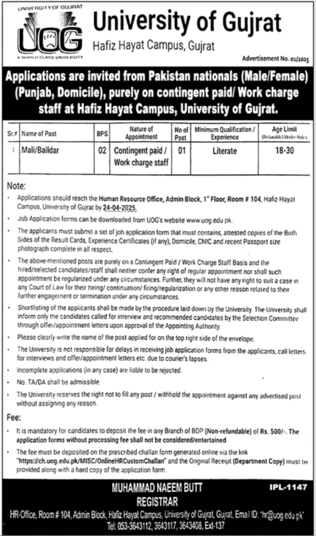University Of Gujrat UOG Jobs 2025 Jobs 2025 — original advertisement