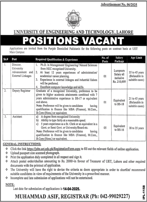 University Of Engineering And Technology UET Lahore Jobs – University of Engineering  & Technology Lahore Jobs 2025 — original advertisement