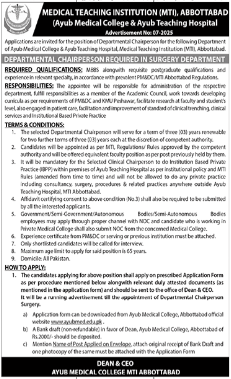 Medical Teaching Institution MTI Abbottabad Job 2025 – Medical Teaching Institute MTI Khyber Teaching Hospital Peshawar Kpk Jobs 2025 — original advertisement