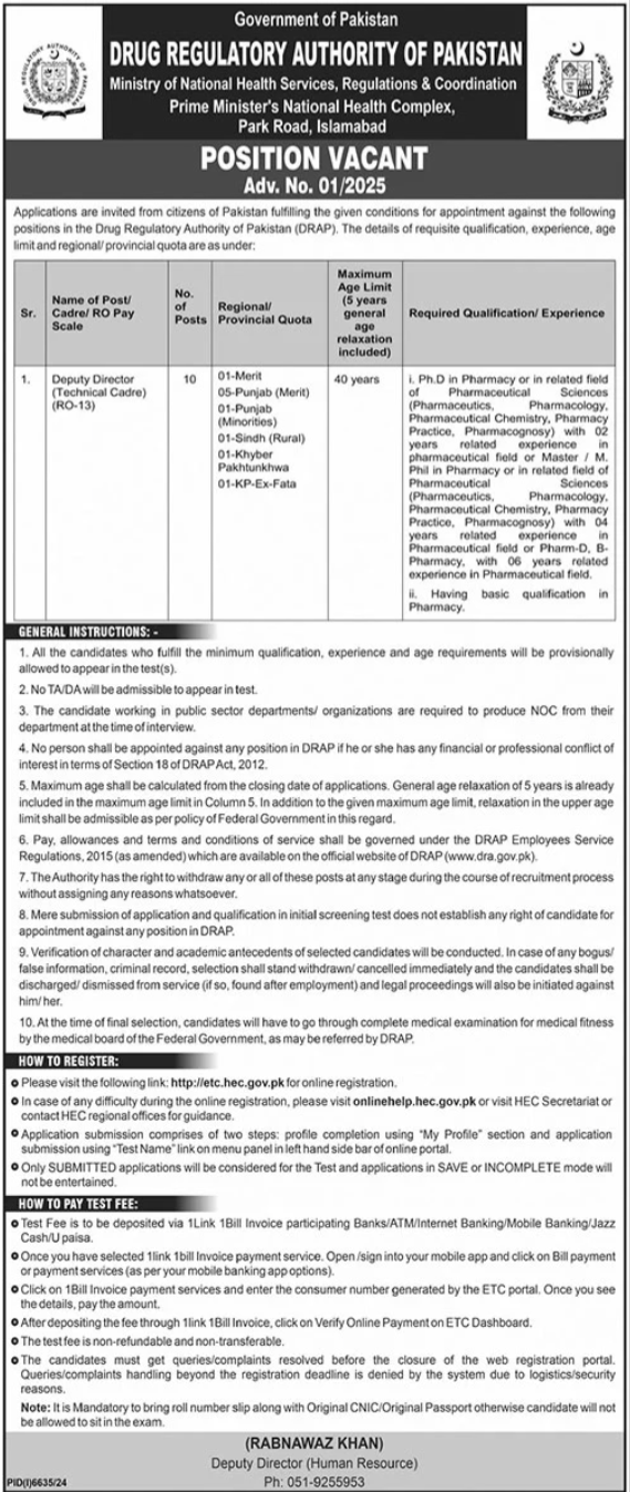 Drug Regulatory Authority Of Pakistan DRAP Jobs 2025 Jobs 2025 — original advertisement
